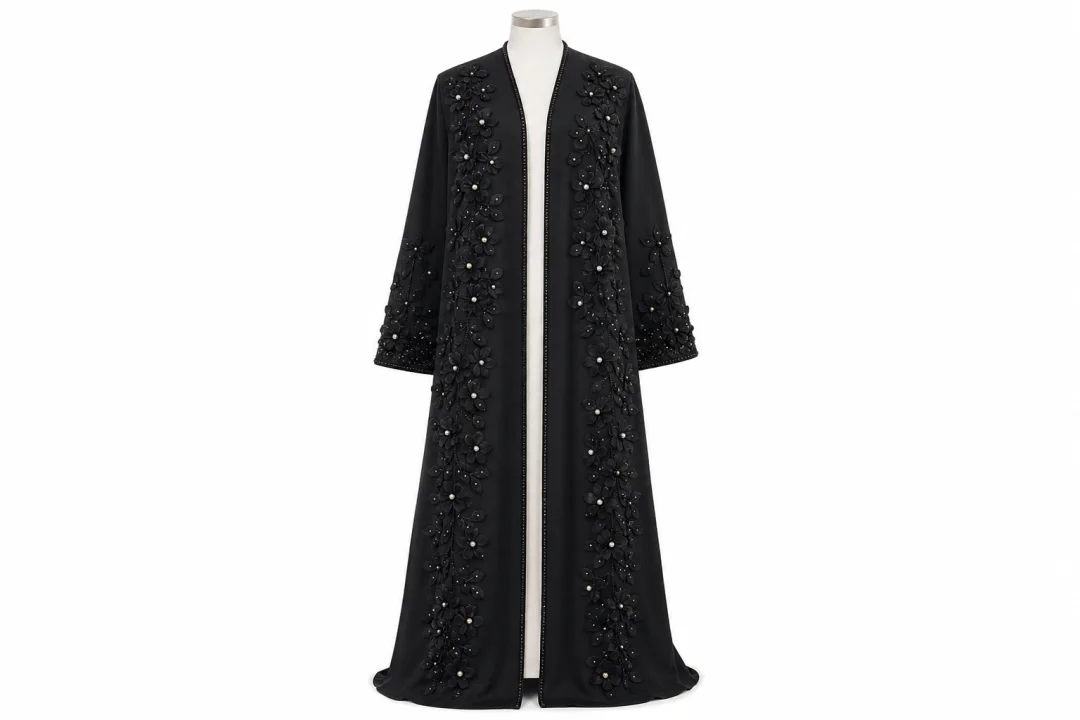 Premium Textured Dewdrop Bloom Open Abaya — image 1